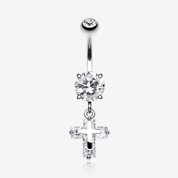 Cross on Cross Sparkle Belly Ring-Clear Gem